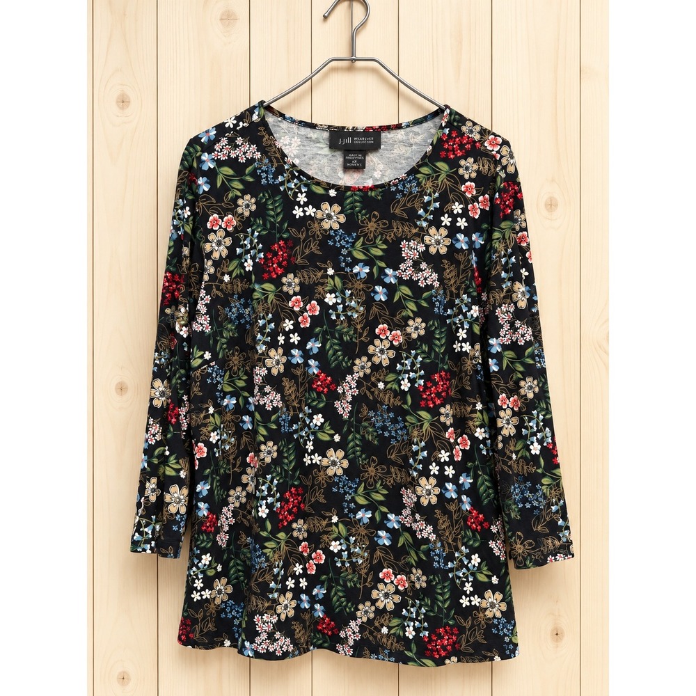 J. Jill Wearever Floral Scoop Neck 3/4 Sleeve Tunic Top Black Multi Size 2X